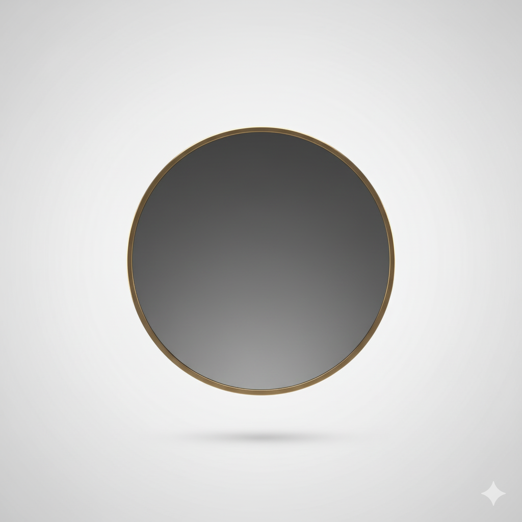 Round mirror with a gold frame on a light gray background