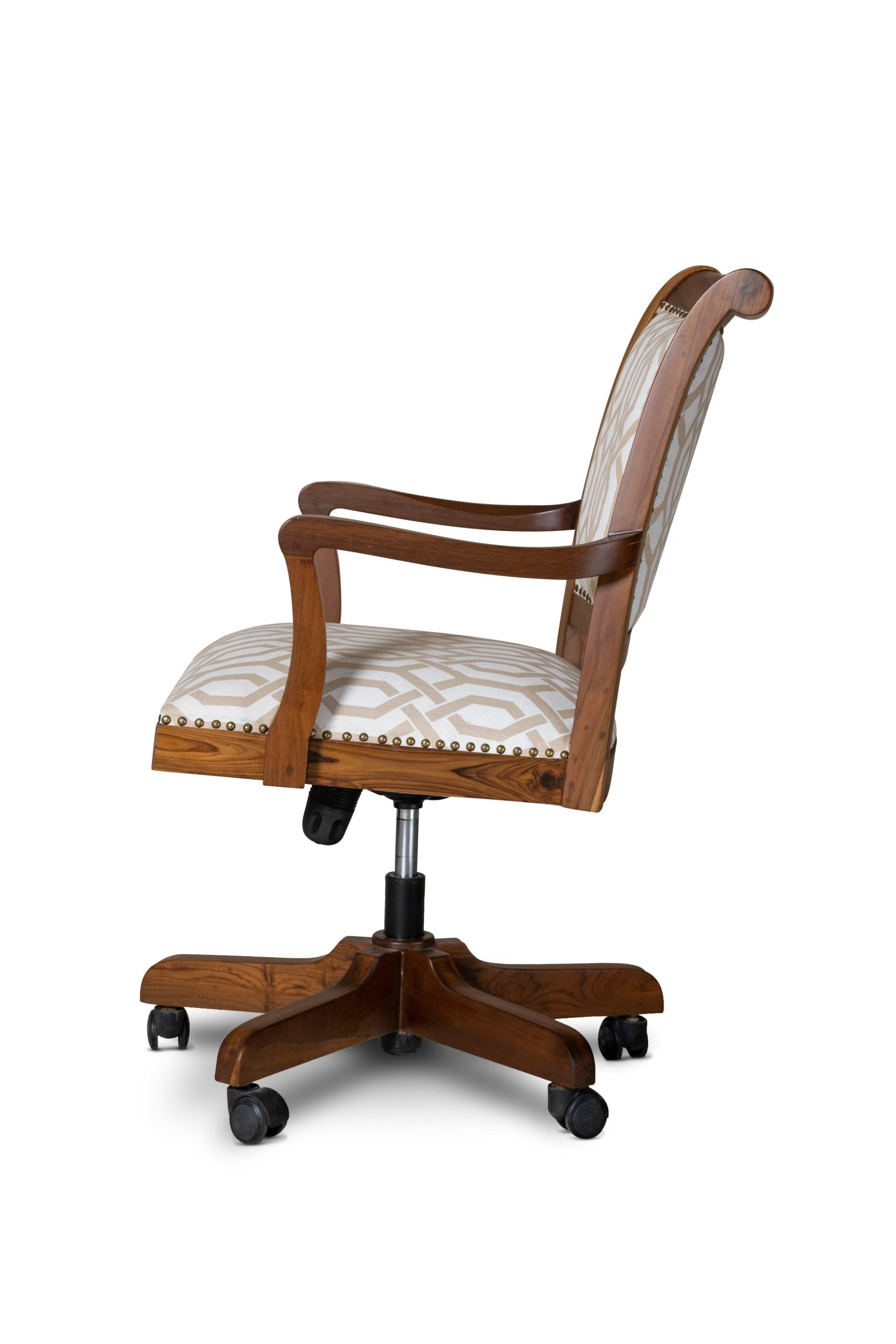 Wooden office chair with white cushioned seat and backrest on a white background