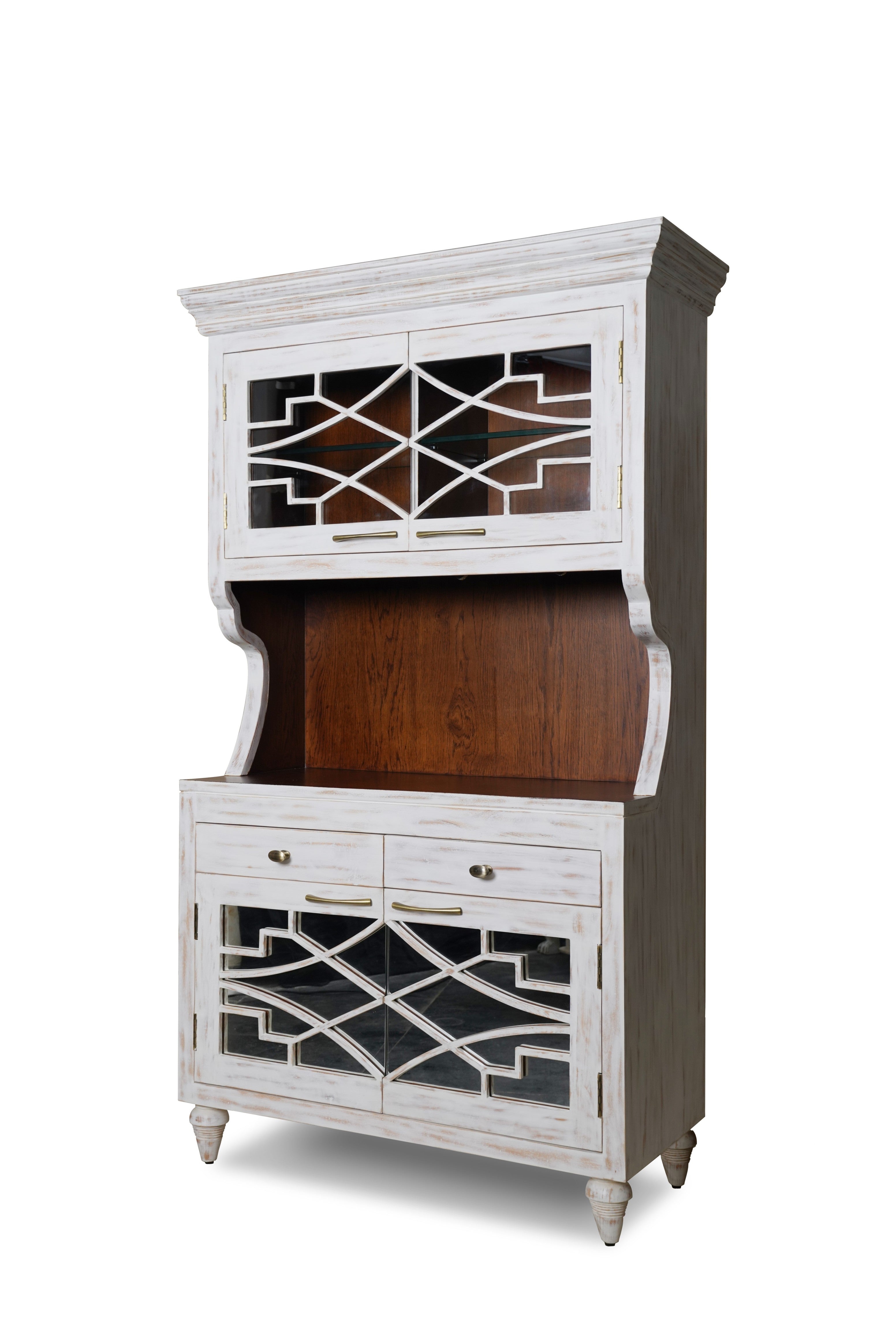 Two-toned cabinet with white and wooden design on a white background
