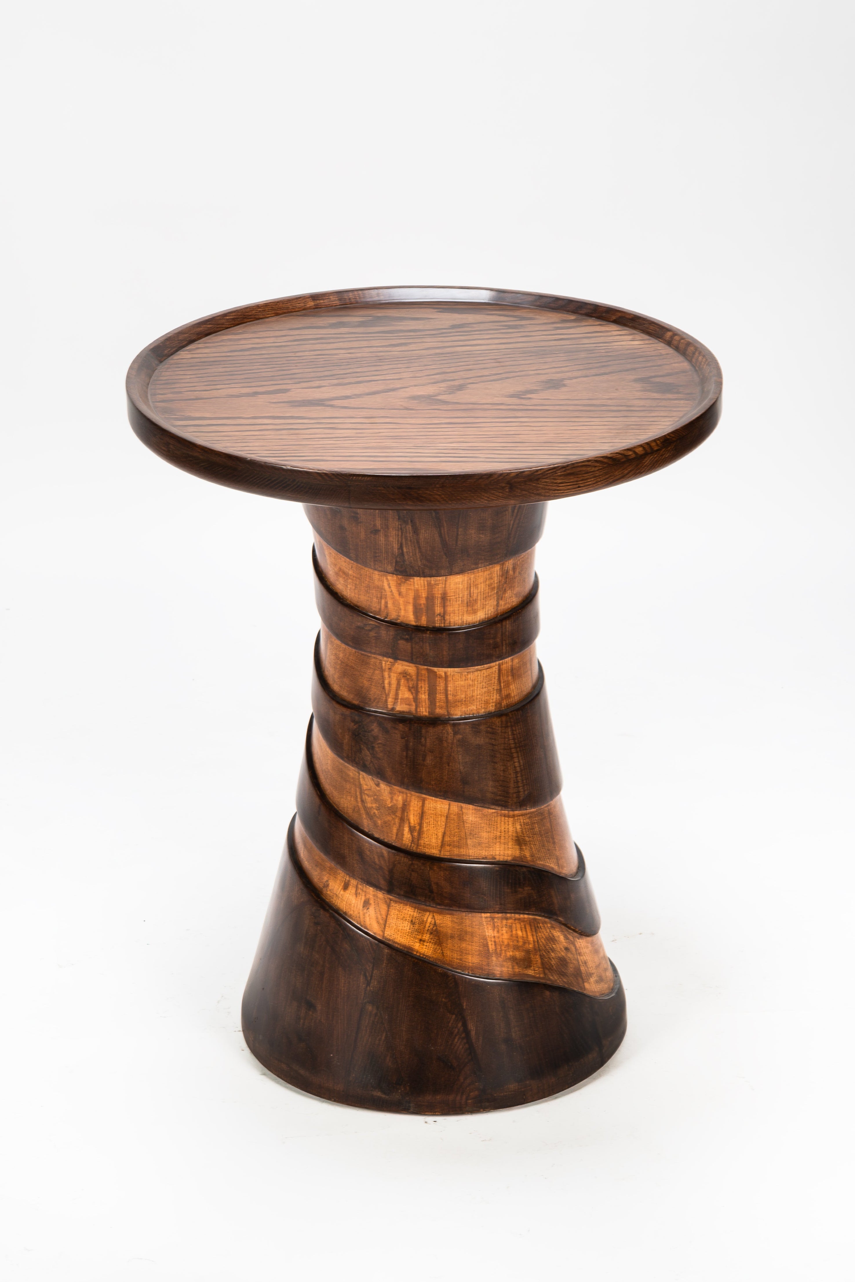 Wooden side table with a unique design on a white background