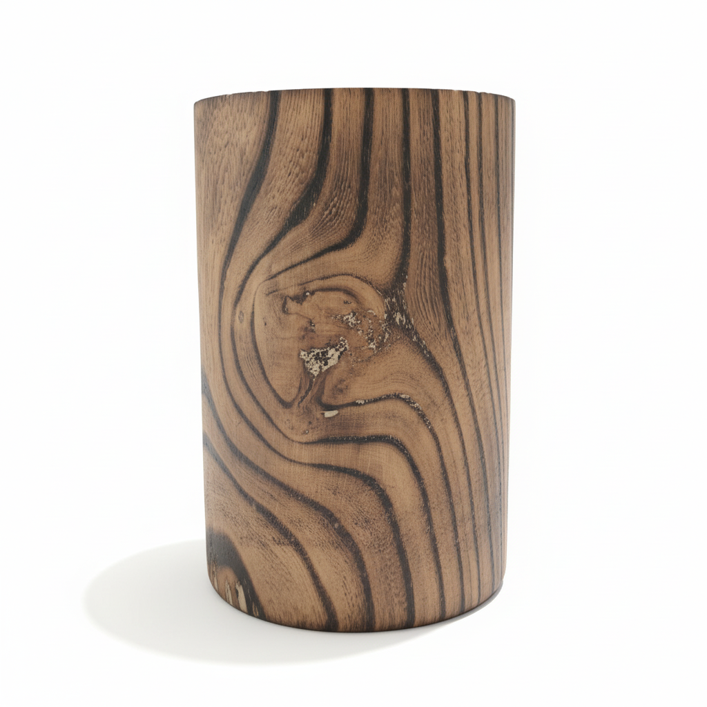 Wooden candle holder with a natural grain pattern on a white background